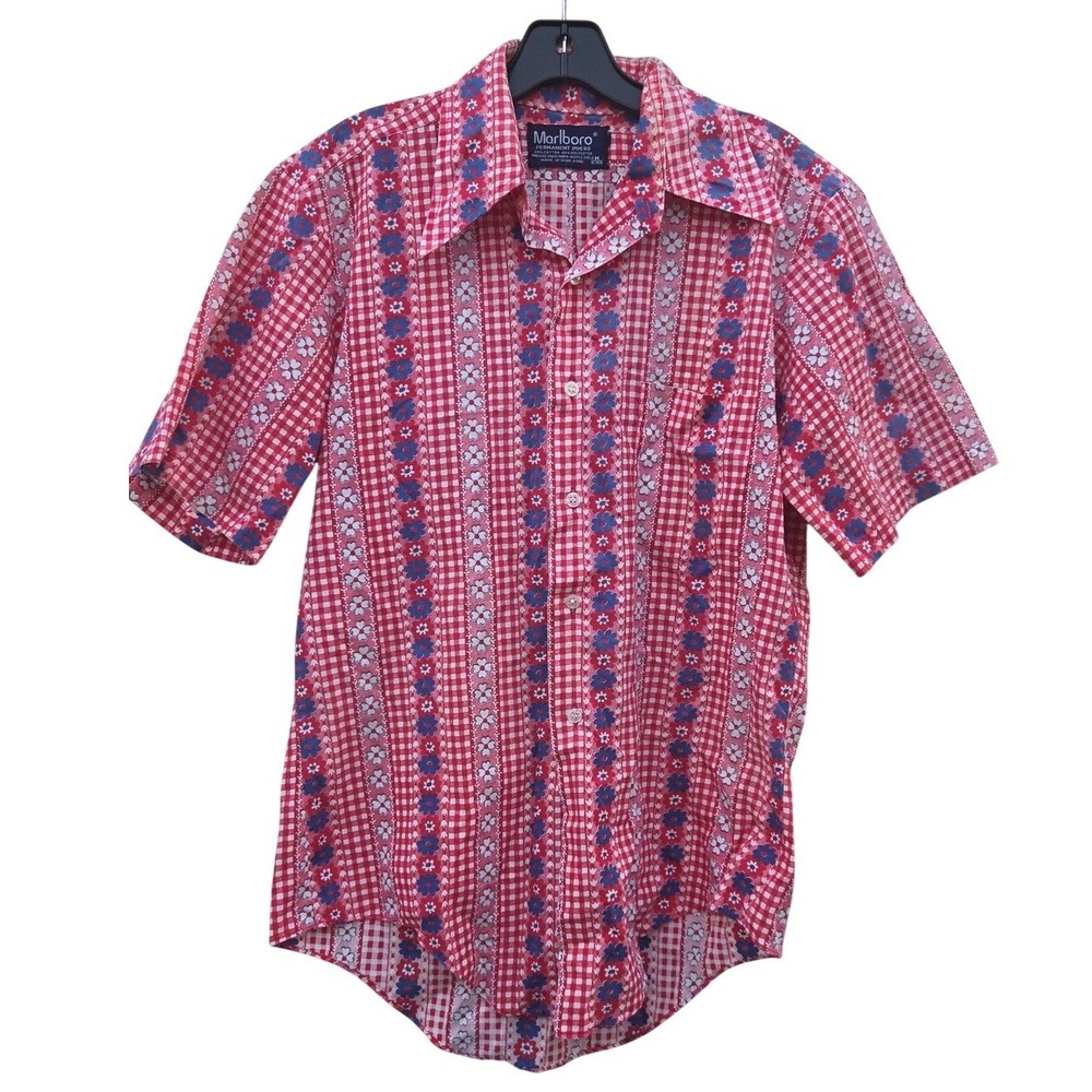Vintage 70s Marlboro Floral Retro Button Down Western Eclectic Hawaiian Medium